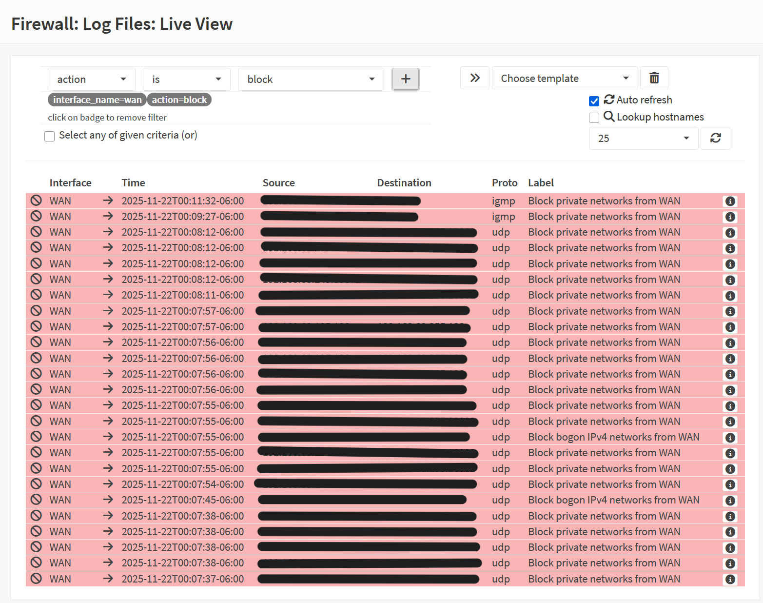 Firewall logs showing blocked inbound traffic
